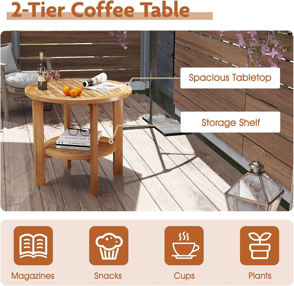Tangkula Outdoor Round Side Table, 19.5 Inches Teak Wood Patio Table with Slatted Tabletop & Storage Shelf, 2-Tier Heavy Duty Small End Table for Backyard, Porch, Deck, Yard, Garden, Natural