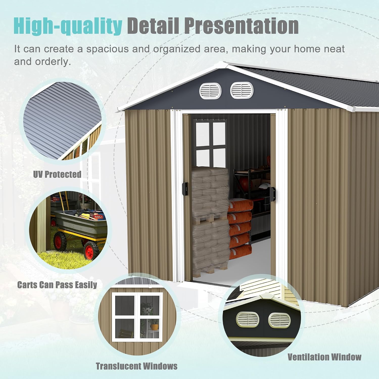 KEIKI 8x12 FT Heavy-Duty Outdoor Storage Shed, Metal Shed with Reinforced Frame, Lockable Doors & Air Vents, Weatherproof Garden Tool Shed for Backyard, Brown