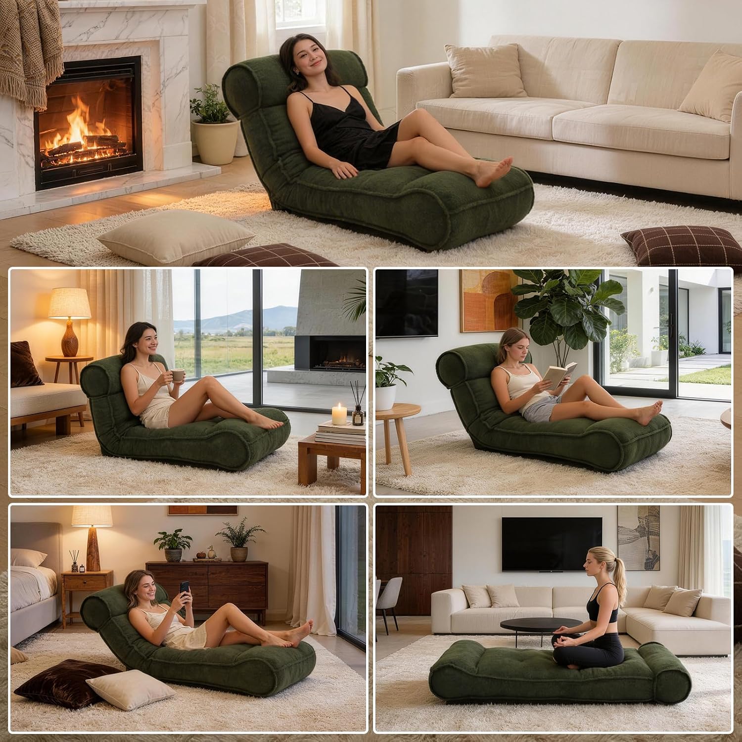 67'' Floor Chair with Back Support Meditation Chair Couch Recliner w Adjustable Backrest Lazy Floor Lounger Gaming Chair for Adults Sofa Bed Sleeper Chair Chaise Lounge Chair Indoor, Green