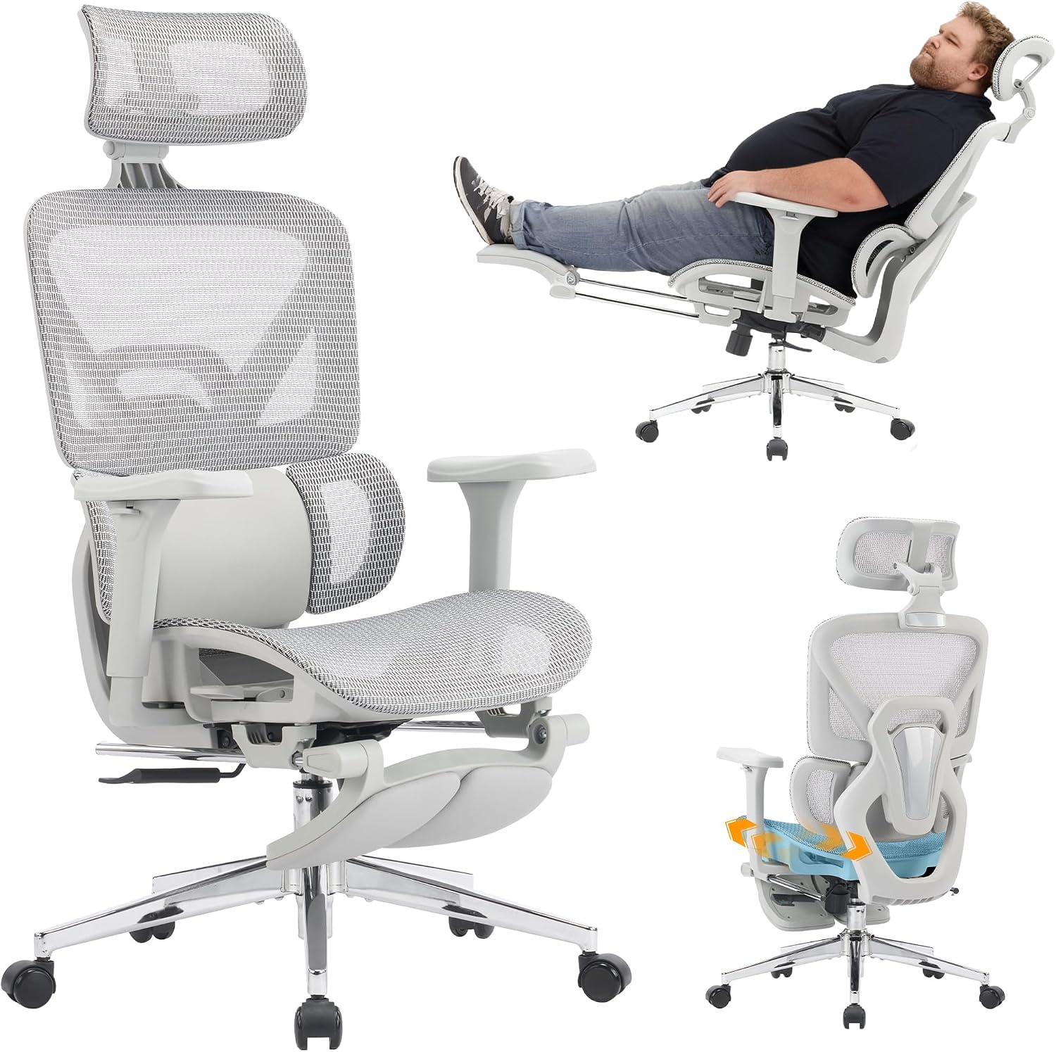 Ergonomic Office Chair with Footrest, High Back Mesh Computer Chair with Lumbar Support, 5-Level Backrest Height, 4D Flip-Up Arms for Home & Gaming Desk (Gray Mesh 3-Zone Lumbar Support+4D Armrest)
