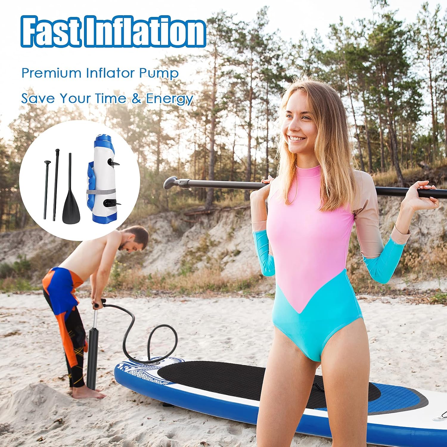 GYMAX Inflatable Stand Up Paddleboard, 6.5' Surfing Boarding with Hand Pump, Adjustable Paddle, Repair Kit, Carrying Bag & Removable Fin, Heavy Duty for Adult Beginner Teenager