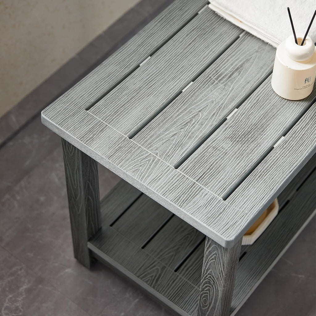 Heavy Duty Shower Bench for Inside Shower Waterproof, Large HDPS Bath Stool for Shaving Legs, Gray Poly Lumber Foot Stool, Plastic Bathroom Bench Seat with Storage Shelf, Outdoor/Indoor Use
