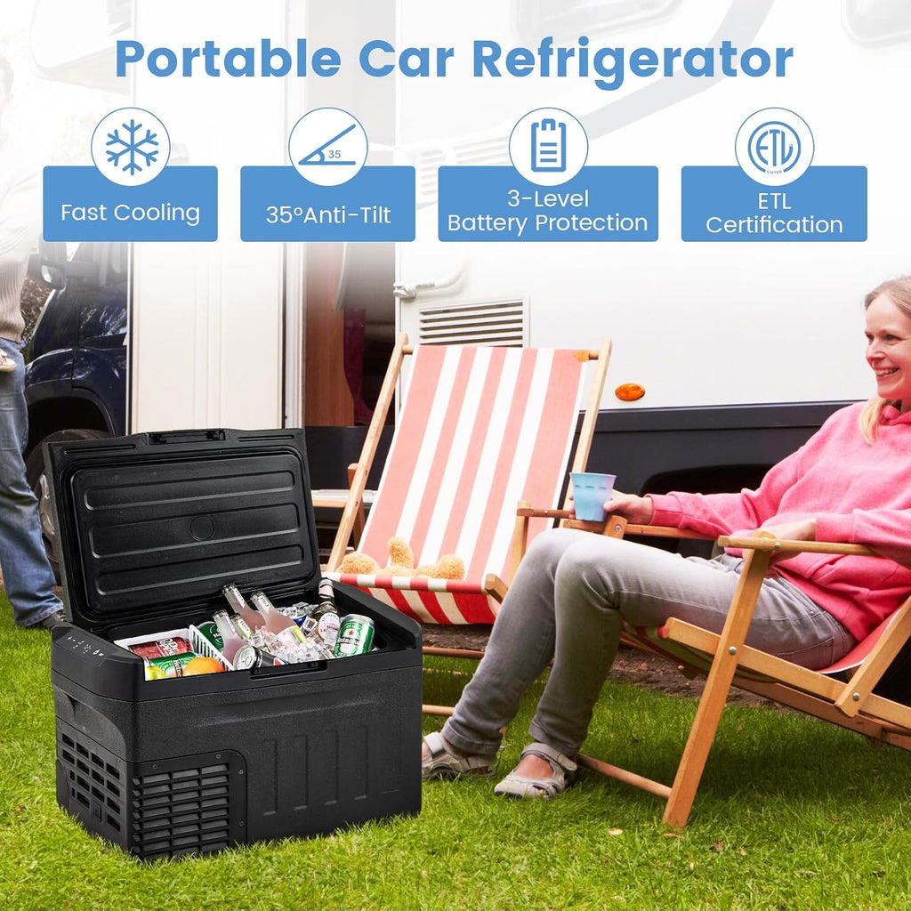 COSTWAY Portable Car Refrigerator, Car Fridge with Adjustable Range -4℉~68℉, 12/24V DC 100-240V AC Electric Cooler Freezer with Divider for Camping, RV, Travel, Fishing, Home, Black (23-quart)