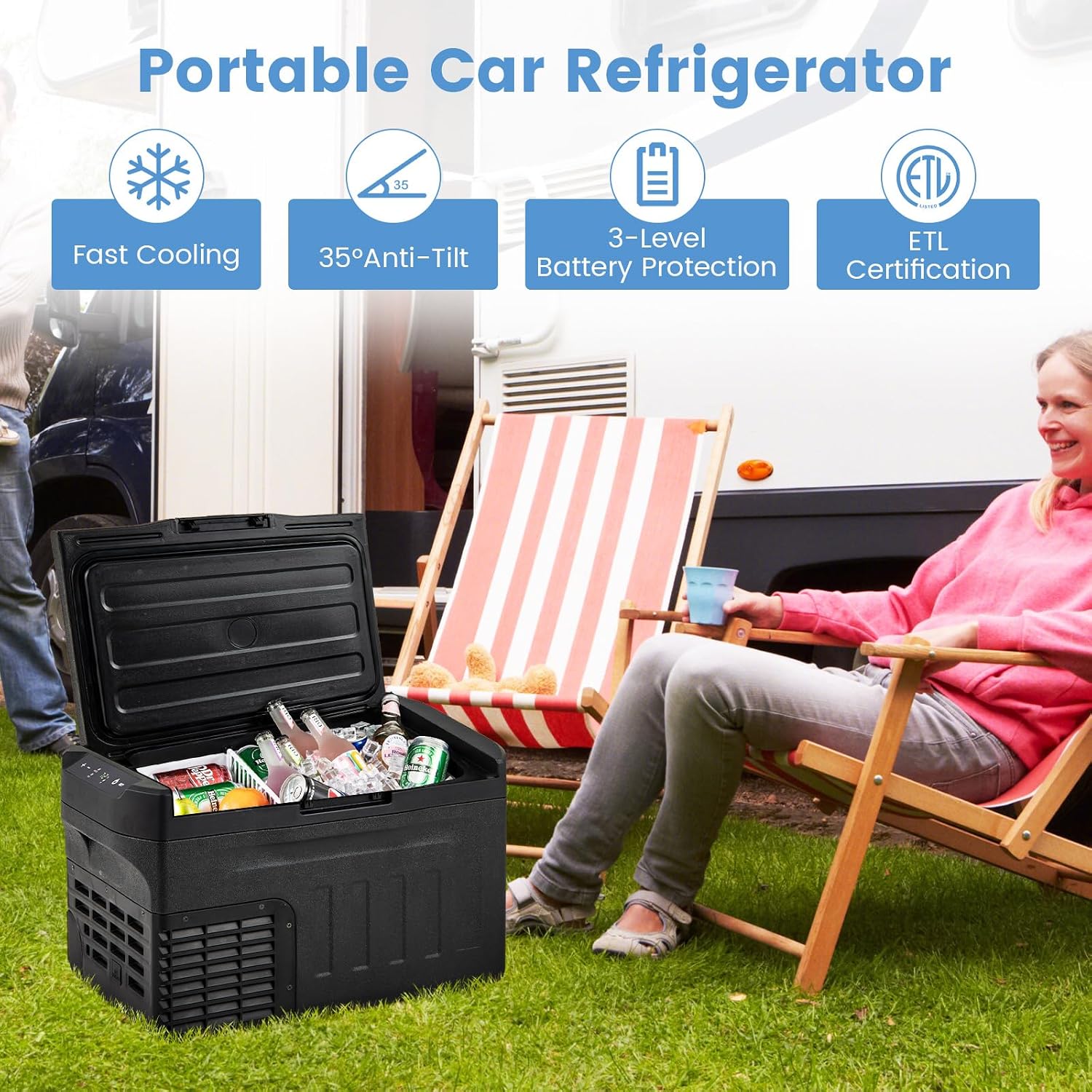 COSTWAY Portable Car Refrigerator, Car Fridge with Adjustable Range -4℉~68℉, 12/24V DC 100-240V AC Electric Cooler Freezer with Divider for Camping, RV, Travel, Fishing, Home, Black (23-quart)