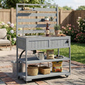 LUMISOL Garden Potting Bench Table with Stainless Table Top, Outdoor Rolling Kitchen Cart with Sink and 2 Movable Shelves, 41.7'' Large Solid Wood Garden Workstation with 1 Bottle Opener, Gray