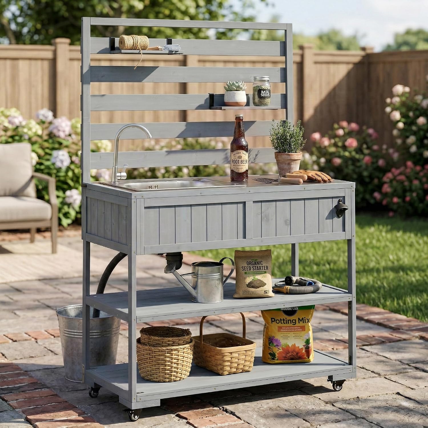 LUMISOL Garden Potting Bench Table with Stainless Table Top, Outdoor Rolling Kitchen Cart with Sink and 2 Movable Shelves, 41.7'' Large Solid Wood Garden Workstation with 1 Bottle Opener, Gray