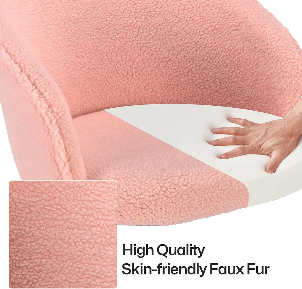 KCC Faux Fur Office Desk Chair, Comfy Fluffy Swivel Modern Leisure Armchair with Wheels, Upholstered Comfy Fuzzy Vanity Makeup Chair Height Adjustable for Teens Women Girls Elegant Home Office(Pink)