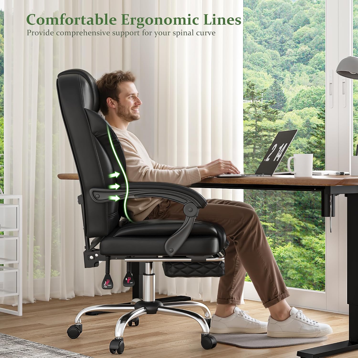 Big and Tall Office Chair 400lbs - Executive Ergonomic Desk Chair with Footrest, High Back Reclining Leather Chair with Lumbar Support for Home Office, Black
