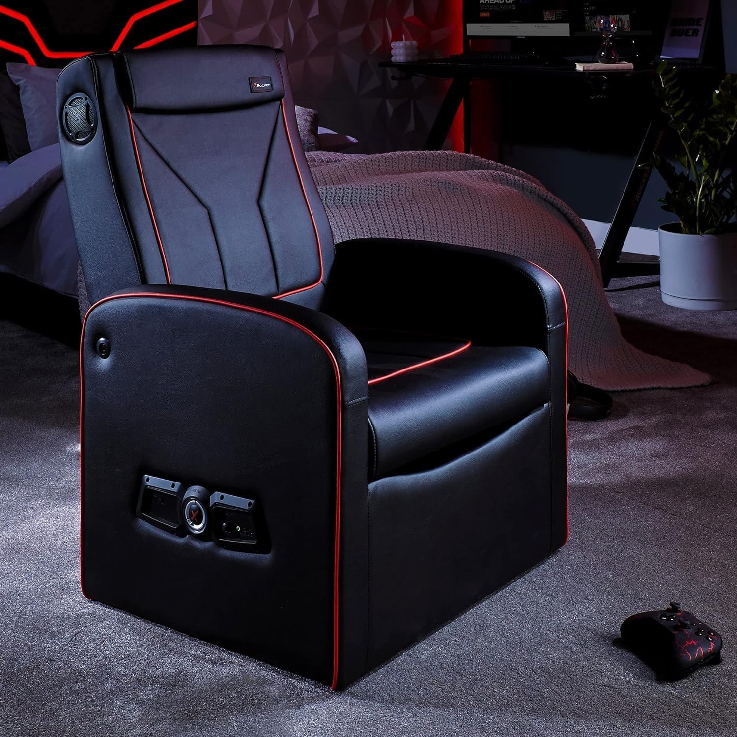 X-Rocker Luxe Ottoman Armchair Single Padded Seat with 2.1 Audio Speakers, Faux Leather Sofa Lounge Game Seat for Kids and Juniors, Console Gaming Chair with Storage for PS, XBOX, Nintendo - BLACK