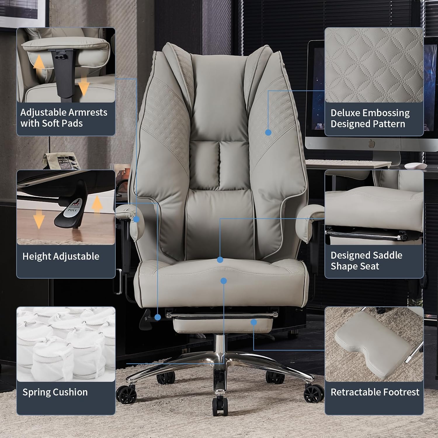 EXCEBET Big and Tall Office Chair 400lbs Wide Seat, Leather High Back Executive Office Chair with Foot Rest, Ergonomic Chairs Lumbar Support for Lower Back Pain Relief (Light Grey)