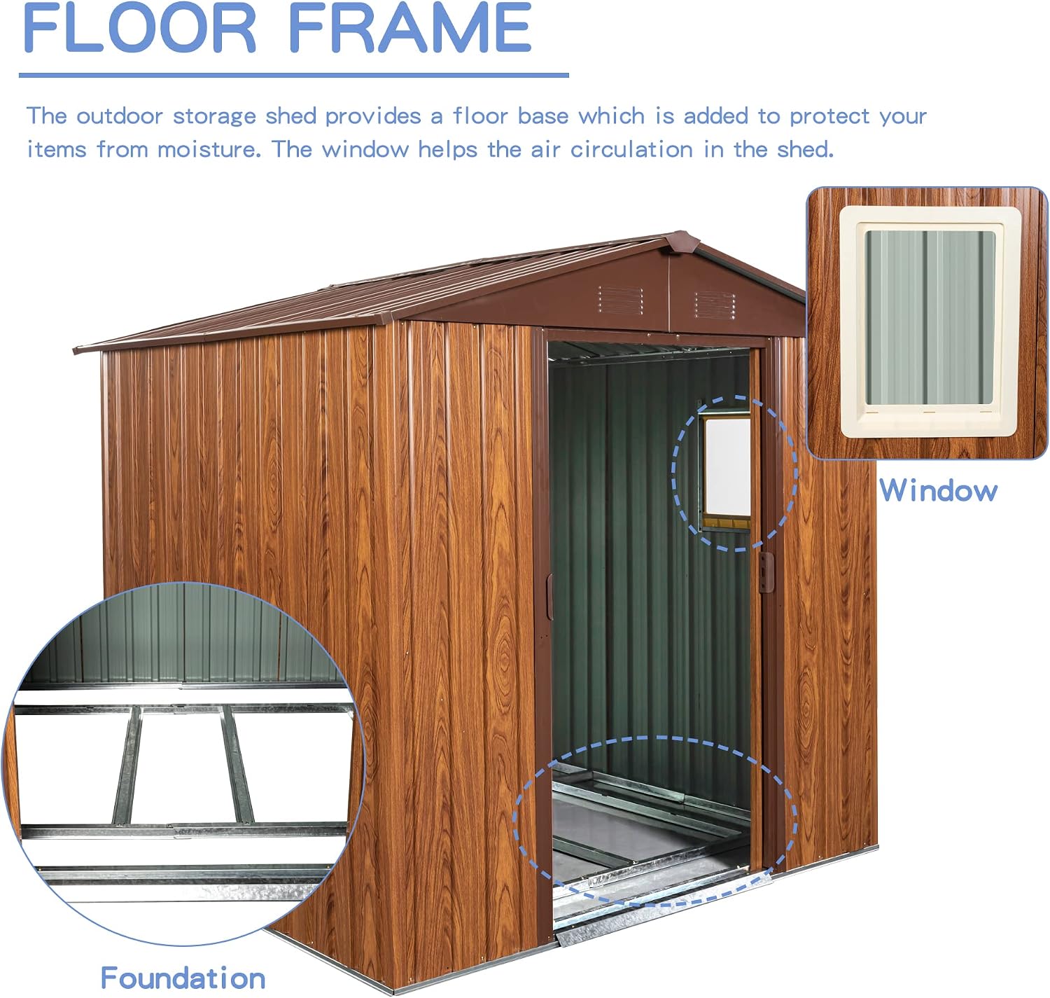 KEIKI 6x6 FT Outdoor Metal Storage Shed with Peaked Roof,Vents,Window and Metal Foundation for Garden Yard Lawn