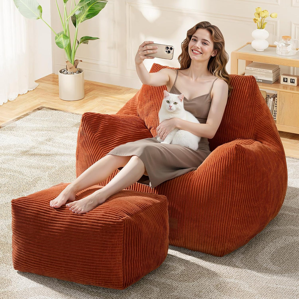 Big Bean Bag Chair for Adults, Ultra Soft Living Room Bean Bag with Armrests & Ottoman, Stuffed BeanBag Chair for Napping, Gaming, Vacuum-Compressed for Easy Gifting, 48h to Expand, Orange