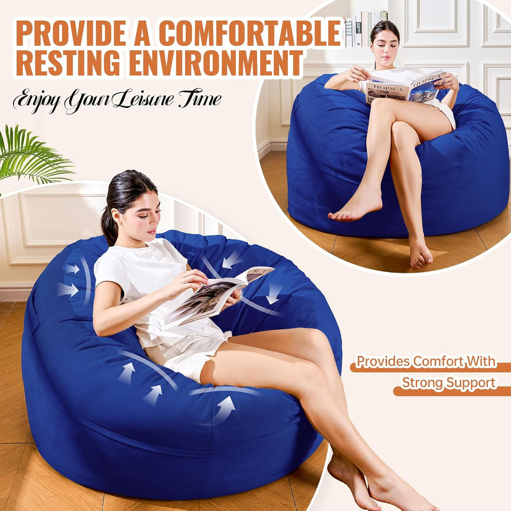 4FT Bean Bag Chair, Bean Bag Chairs for Adults and Kids, Fluffy and Comfy Bean Bag with Velvet Cover, Bean Bag with Memory Foam Filled for Gaming, Living Room, Playroom (Blue)