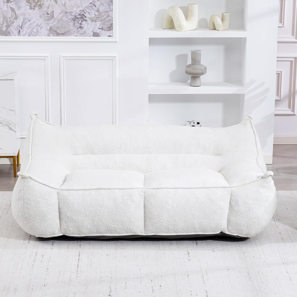 White Bean Bag Chair for Adults & Kids, Ergonomic Big Bean Bag Sofa with Full Body Support, Faux Fur Beanbag Chair, Stuffed Floor Sofa for Living Room, Bedroom, Apartment, White (2 Seat)