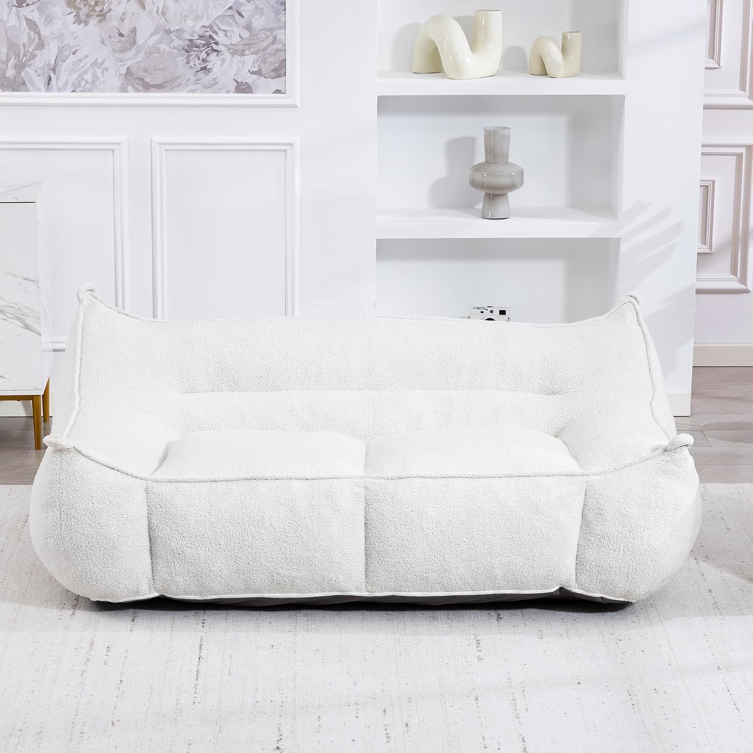 White Bean Bag Chair for Adults & Kids, Ergonomic Big Bean Bag Sofa with Full Body Support, Faux Fur Beanbag Chair, Stuffed Floor Sofa for Living Room, Bedroom, Apartment, White (2 Seat)