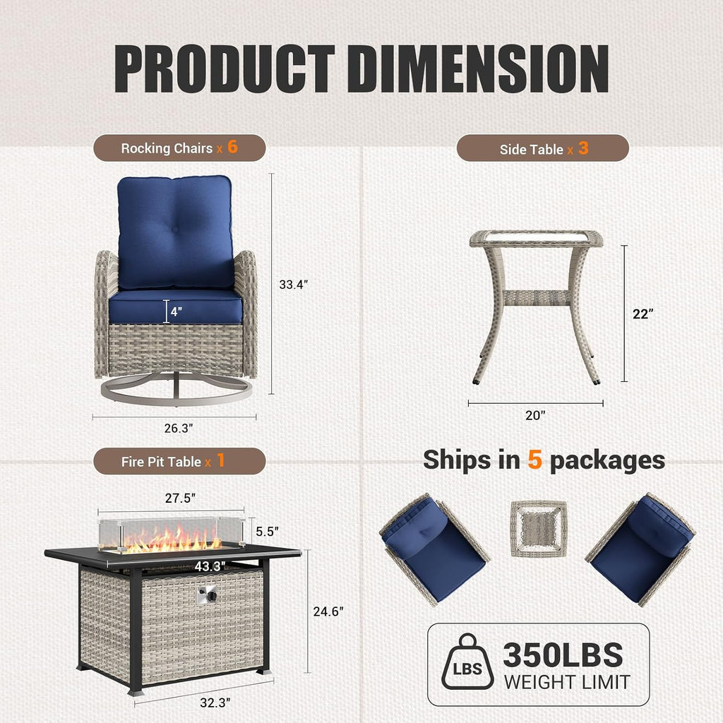 10Pcs Patio Rocking Swivel Chair with 55,000 BTU Fire Pit Table Outdoor Wicker Rattan Bistro Set with Tempered Glass Side Table, Outdoor Patio Furniture Set for Garden and Balcony, Blue