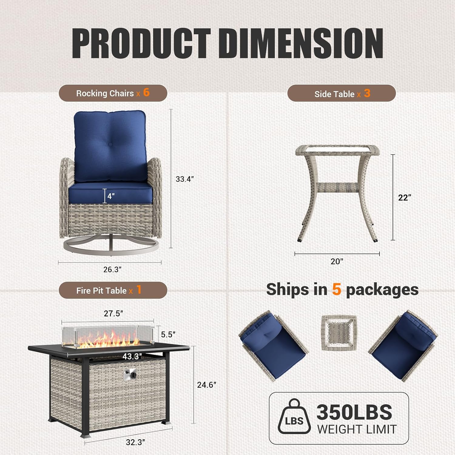 10Pcs Patio Rocking Swivel Chair with 55,000 BTU Fire Pit Table Outdoor Wicker Rattan Bistro Set with Tempered Glass Side Table, Outdoor Patio Furniture Set for Garden and Balcony, Blue
