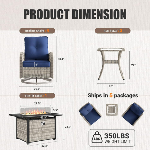 10Pcs Patio Rocking Swivel Chair with 55,000 BTU Fire Pit Table Outdoor Wicker Rattan Bistro Set with Tempered Glass Side Table, Outdoor Patio Furniture Set for Garden and Balcony, Blue