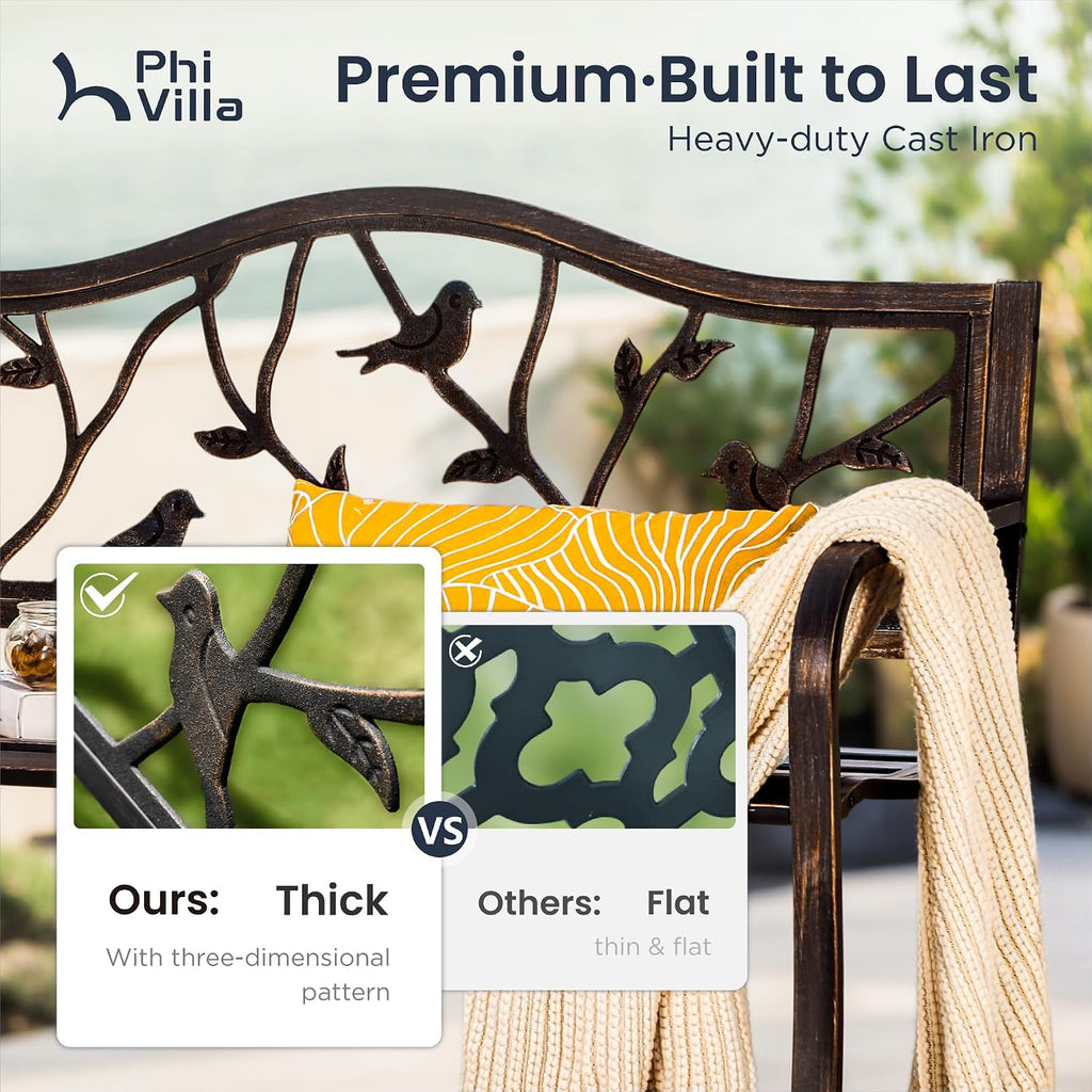 PHI VILLA Outdoor Garden Park Bench Patio 50' Metal Bench, Steel Frame Bench with Backrest and Armrests for Porch, Lawn, Balcony, Backyard and Indoor, Bronze