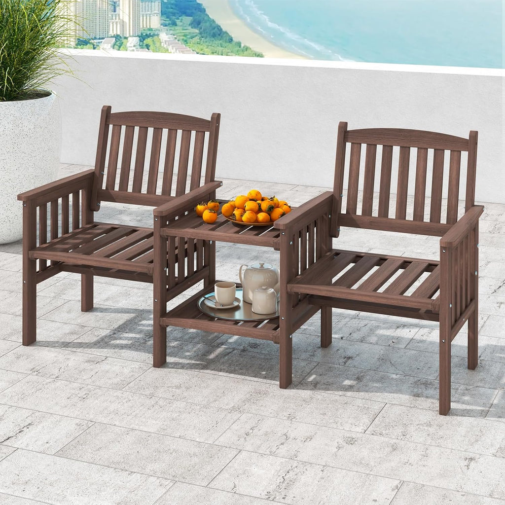 Tangkula Outdoor Fir Wood Loveseat with 2-Tier Side Table and Umbrella Hole, 2-Seater Patio Garden Bench with Armrests and Slatted Seats, Outdoor Table and Chairs Set for Porch and Balcony