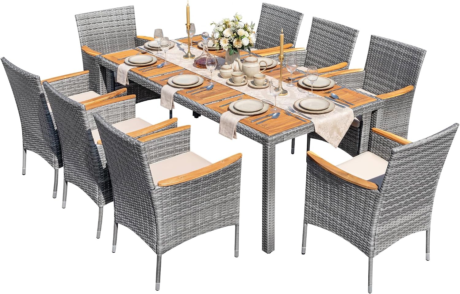 Greesum 9 Pieces Outdoor Patio Dining Set, Conversation Sets with 1 Table and 8 Rattan Chairs with Curved Acacia Wooden Armrests and Cushions, Grey