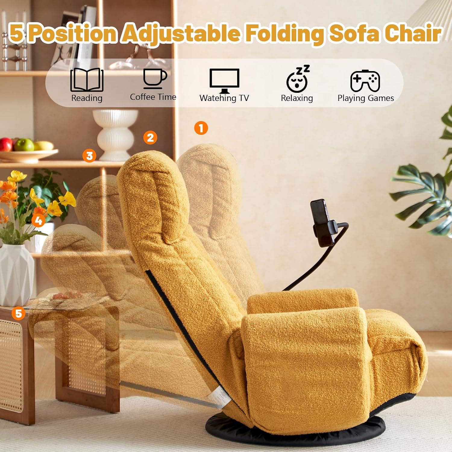 360° Swivel Gaming Floor Chair, 5 Position Adjustable Folding Sofa Chair with Armrests & Phone Holder, Cushion Padded Indoor Chaise Lounge for Adults, Home Office Floor Leisure Chairs, Yellow