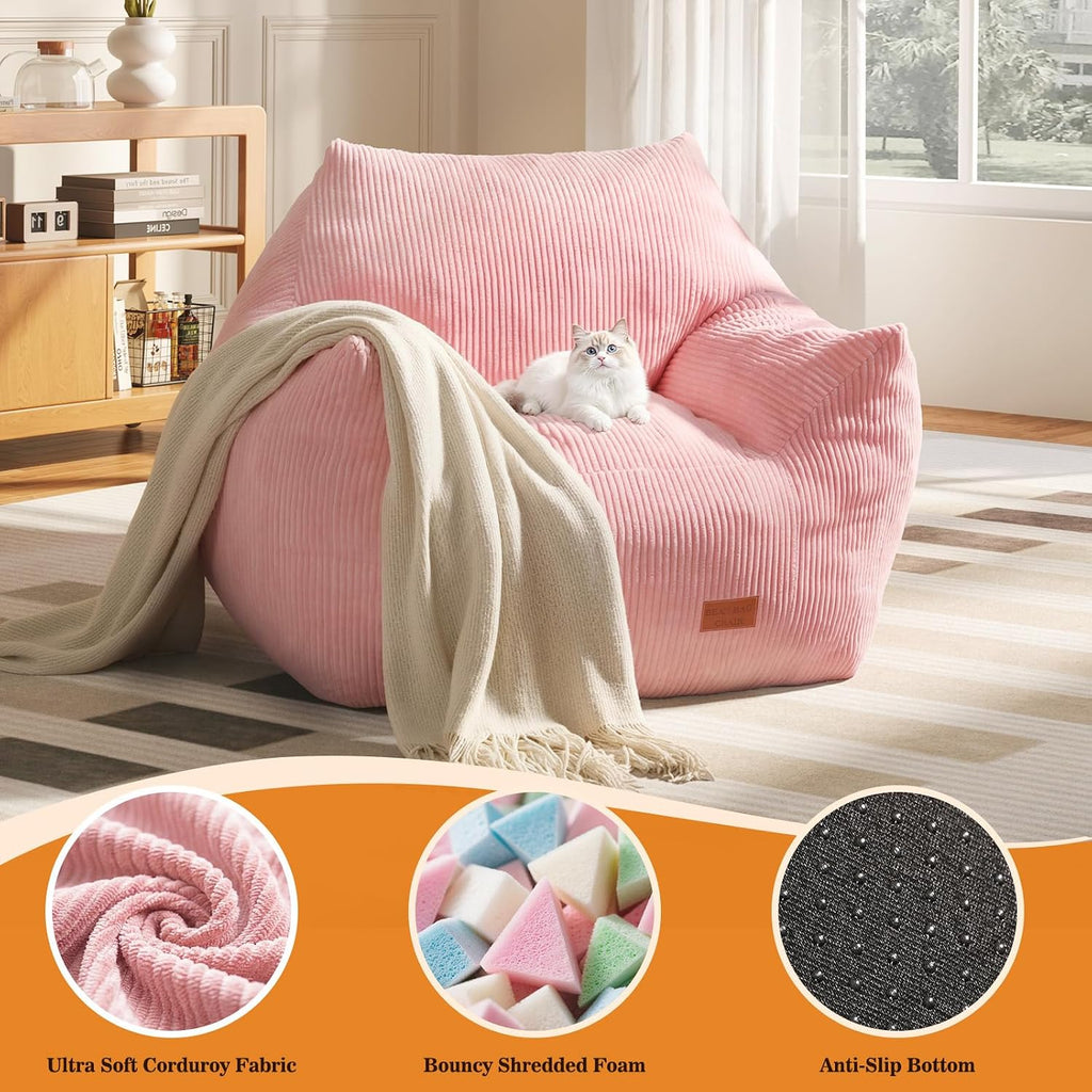 Big Bean Bag Chair for Adults, Ultra Soft Living Room Bean Bag with Armrests, Stuffed BeanBag Chair for Napping, Gaming, Vacuum-Compressed for Easy Gifting, 48 Hours to Fluffs Up, Pink