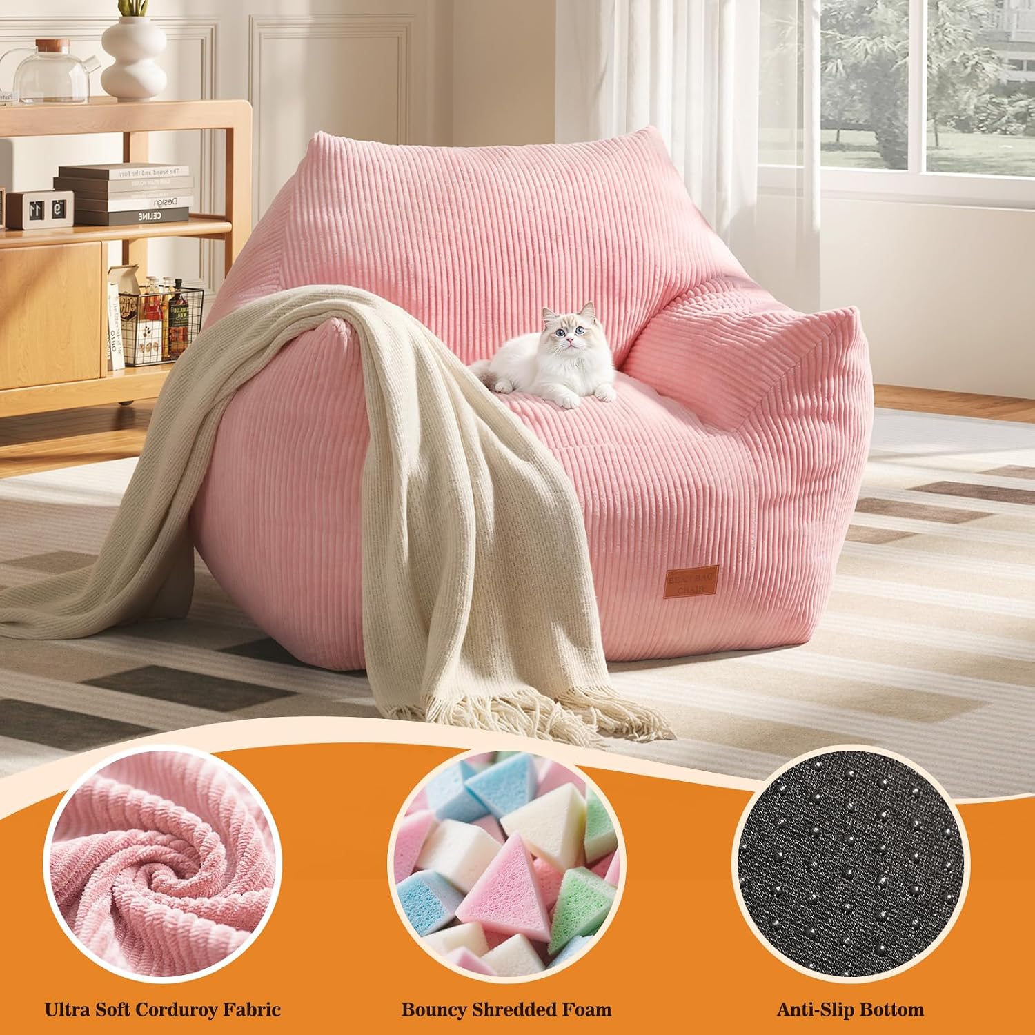 Big Bean Bag Chair for Adults, Ultra Soft Living Room Bean Bag with Armrests, Stuffed BeanBag Chair for Napping, Gaming, Vacuum-Compressed for Easy Gifting, 48 Hours to Fluffs Up, Pink