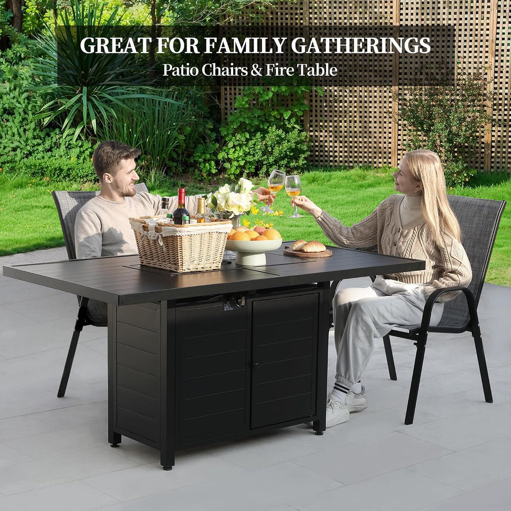 PIZZELLO 7 Pieces Patio Furniture Set w/ 60' Gas Fire Pit Table and 6 Patio Dining Chairs, Outdoor Conversation Set 50,000 BTU Aluminum Propane Fire Pit Stackable Patio Chairs Set of 6 for Backyard