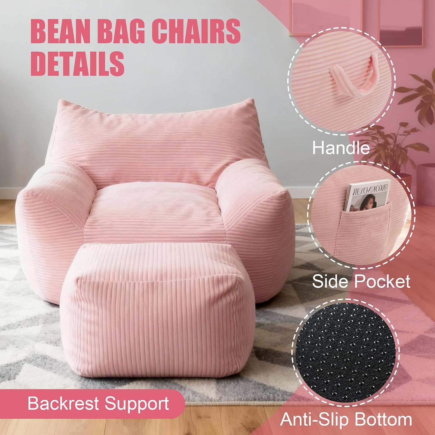 Giant Bean Bag Chair with Ottoman, Comfy Bean Bag Couch with 2 Side Pocket, Corduroy Boneless Couch Chair in a Box, Stuffed Lounge Floor Sofa for Dorm, Bedroom, Living Room, Pink