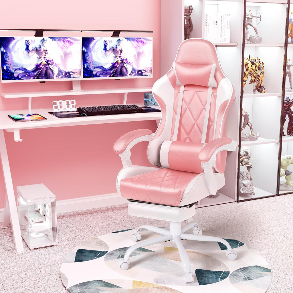 Shahoo Gaming Chair with Footrest and Massage Lumbar Support, Ergonomic Computer Seat Height Adjustable with 360°Swivel and Headrest, Pink1