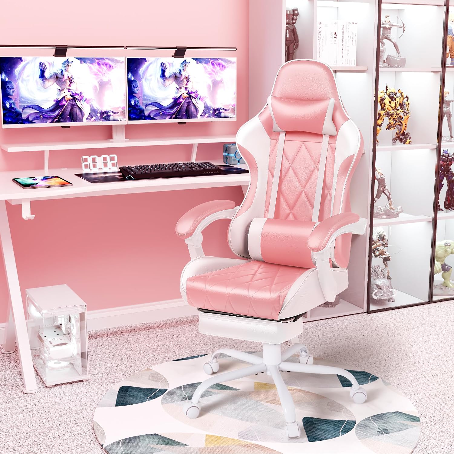 Shahoo Gaming Chair with Footrest and Massage Lumbar Support, Ergonomic Computer Seat Height Adjustable with 360°Swivel and Headrest, Pink1