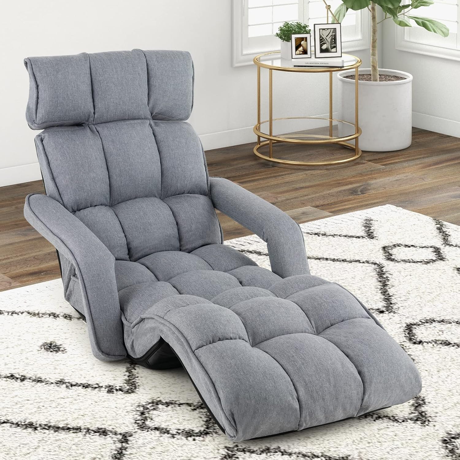 Moccha Floor Chairs for Adults, Adjustable 6-Position Floor Lounger w/Adjustable Armrests, Backrest & Footrest, No Assembly Folding Lazy Sofa Chair for Gaming, Light Weight Chaise Lounge