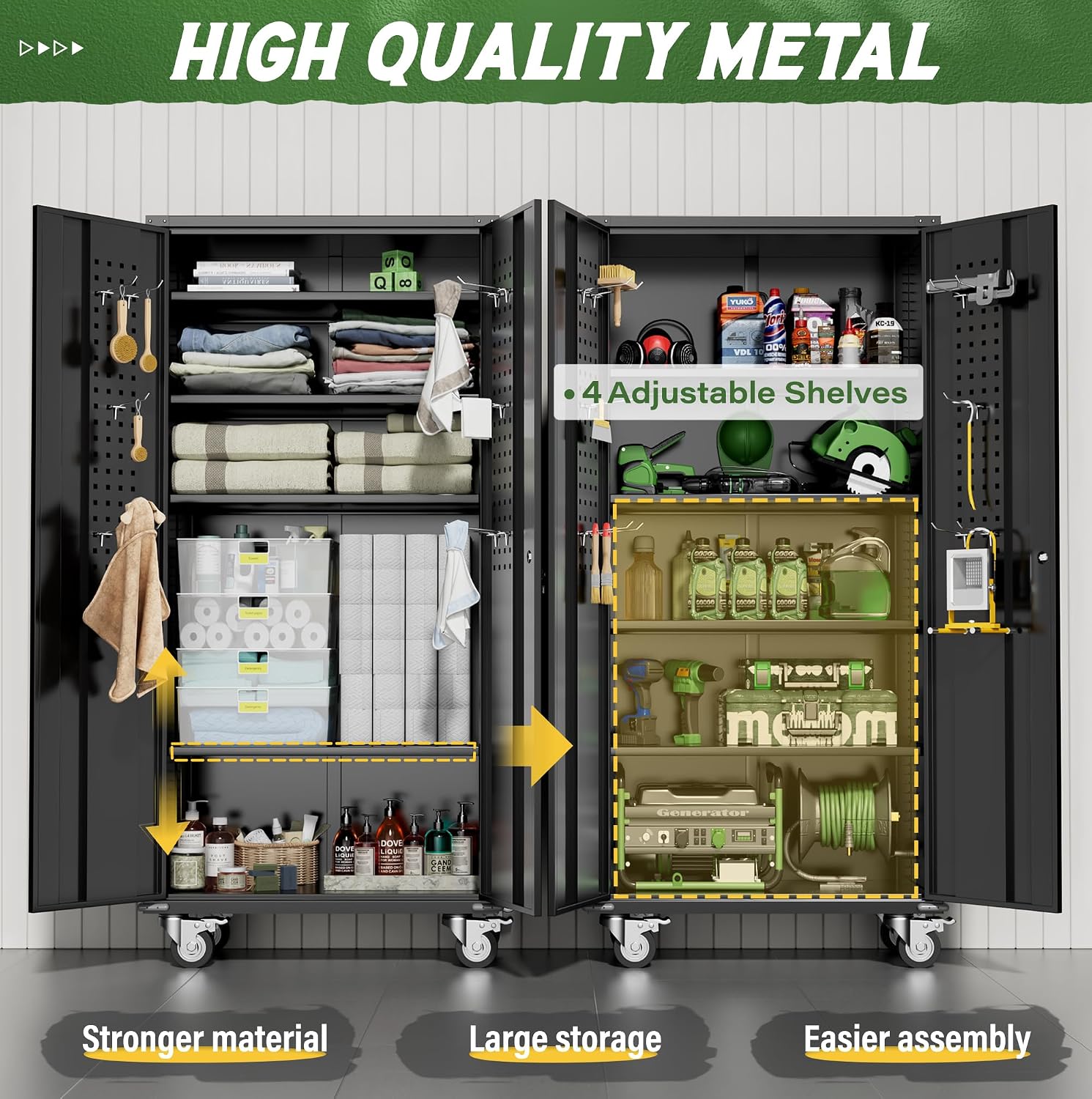 Greenvelly Metal Storage Cabinet with Wheels, 72' Black Garage Rolling Cabinet with Doors and 4 Shelves, Steel Locking Cabinets Tall Tool Lockable Storage Cabinets for Basement, Pantry, Home Office