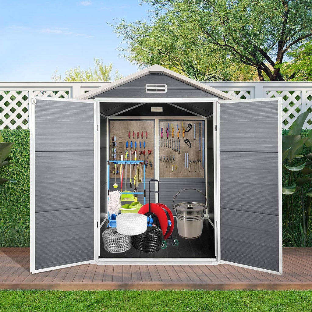 KEIKI 6x6 FT Plastic Outdoor Storage Shed, Outdoor Garden Shed with Floor & Lockable Door, Tool Shed for Backyard, Lawn, Grey