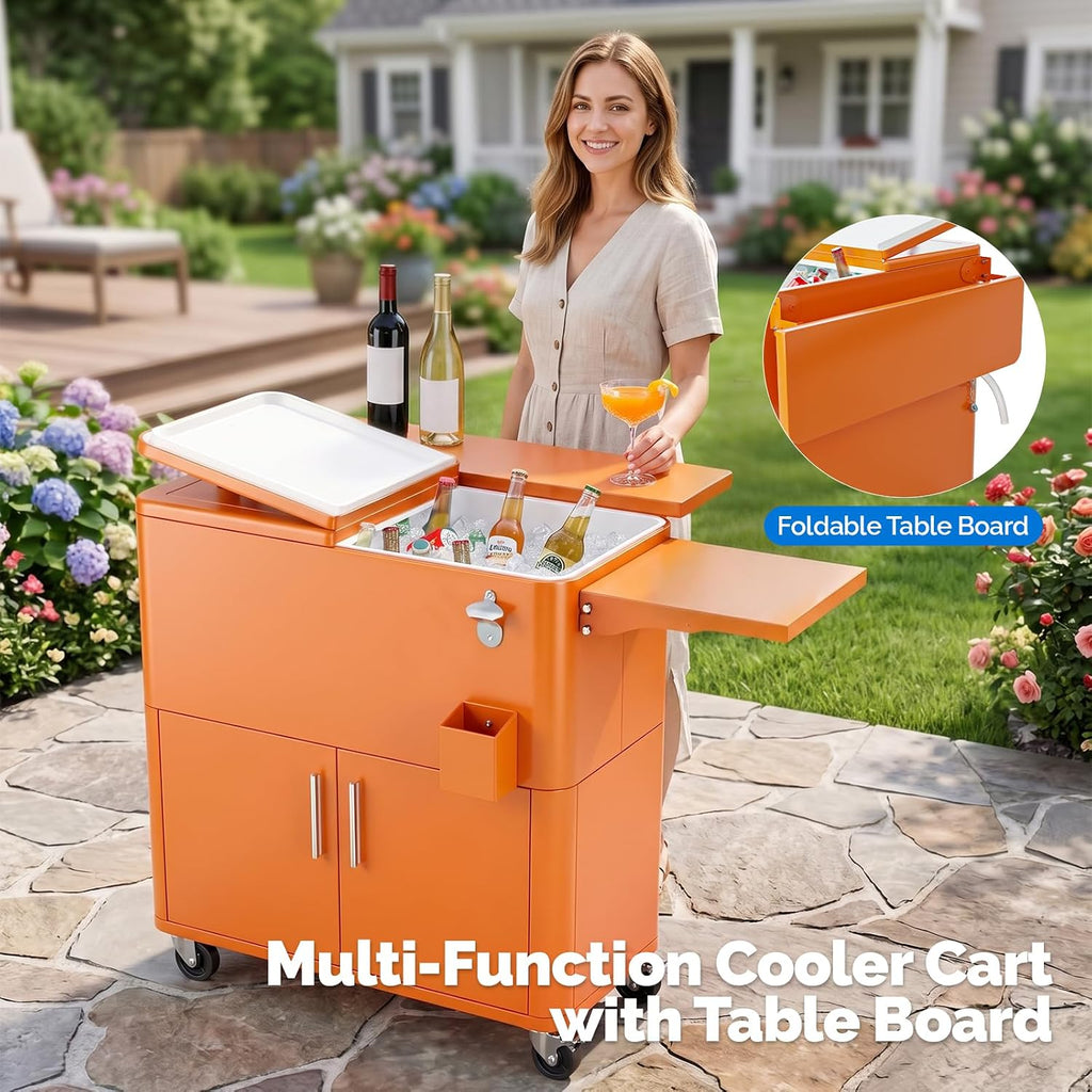 VINGLI Patio Cooler, Ice Chest with Storage Cabinet, Bottle Opener Drainage, Outdoor Cooler for Party, Deck, Pool