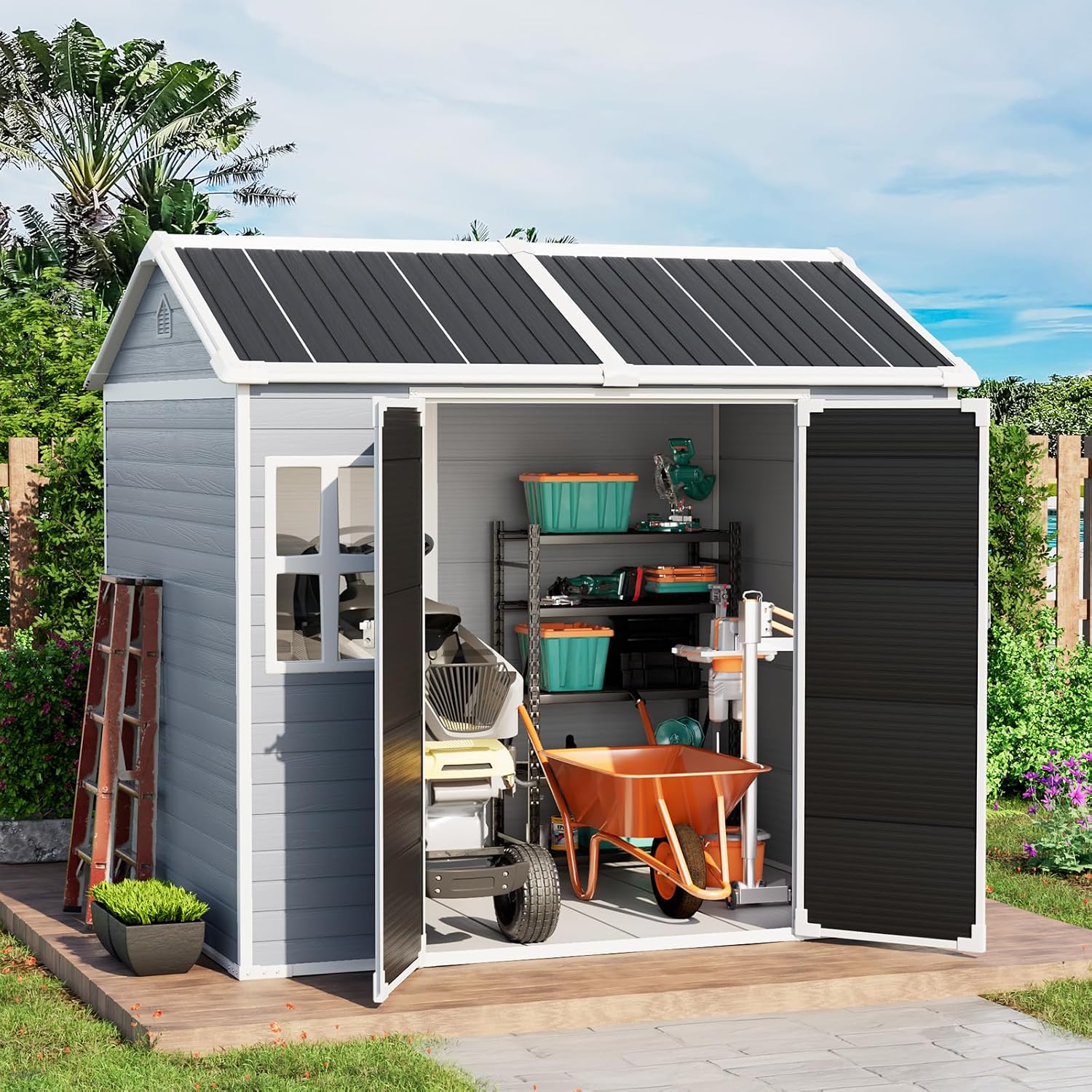8x6 FT Plastic Storage Sheds Outdoor with Floor and Window, Utility All-Weather Resin Shed Easy to Install, Large Sheds & Outdoor Storage/Tool Shed for Garden Backyard Patio, Gray