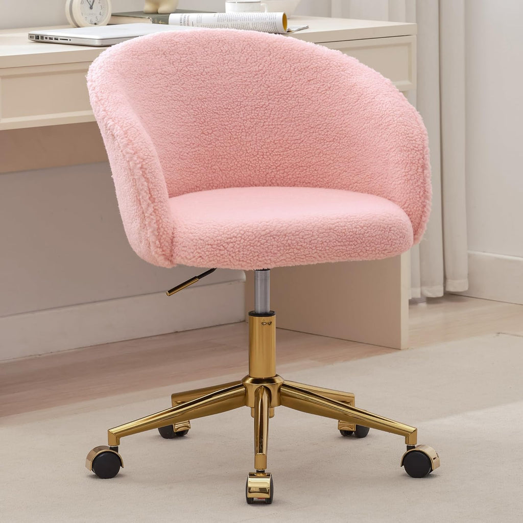 KCC Faux Fur Office Desk Chair, Comfy Fluffy Swivel Modern Leisure Armchair with Wheels, Upholstered Comfy Fuzzy Vanity Makeup Chair Height Adjustable for Teens Women Girls Elegant Home Office(Pink)