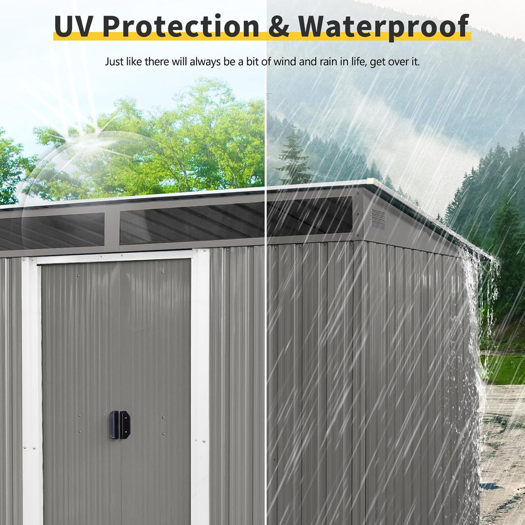 JT 8X6FT Outdoor Storage Shed, Galvanized Metal Garden Shed with Window and Metal Foundation, Tool Storage Shed for Patio Lawn Backyard (Gray- 8ft x 6ft)