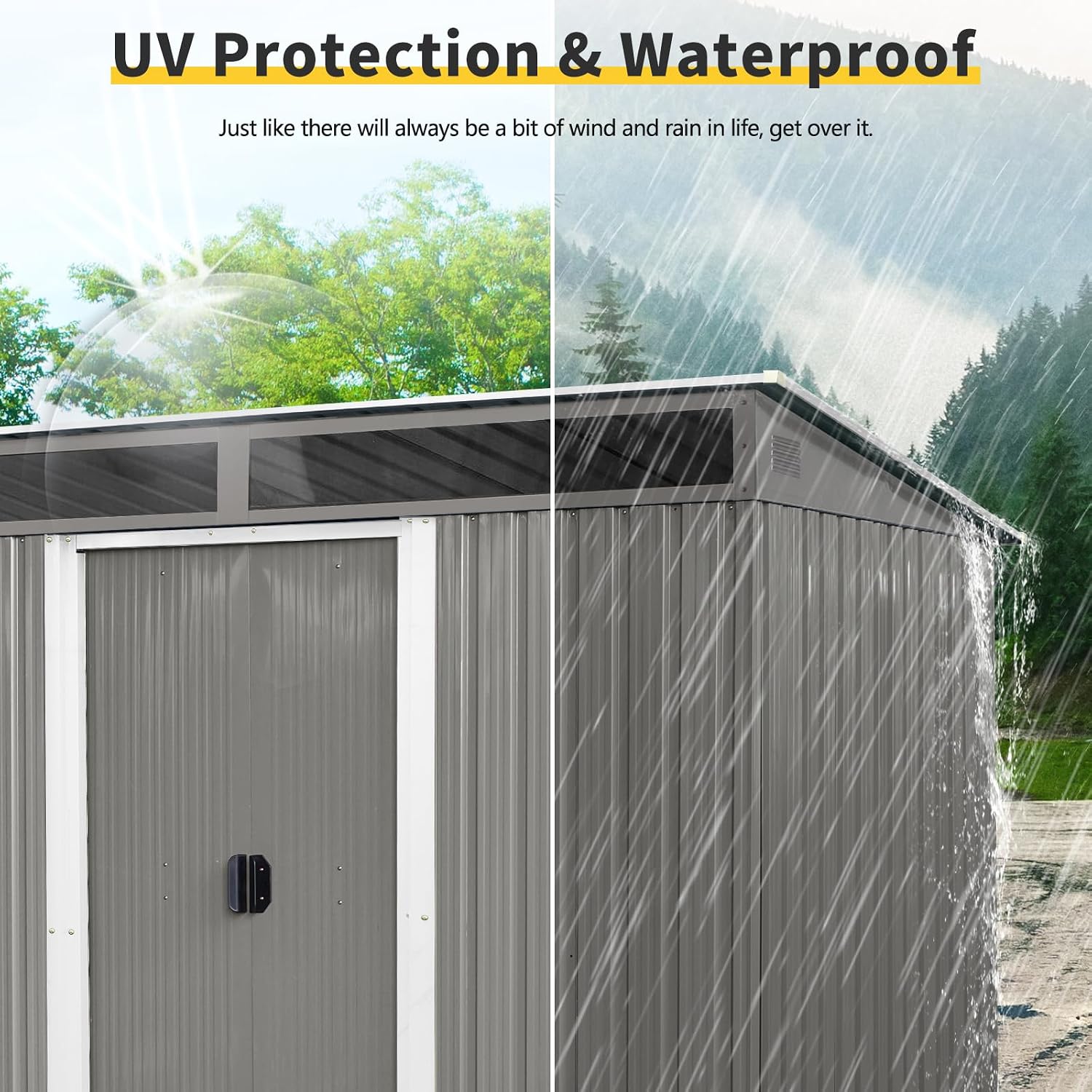 JT 8X6FT Outdoor Storage Shed, Galvanized Metal Garden Shed with Window and Metal Foundation, Tool Storage Shed for Patio Lawn Backyard (Gray- 8ft x 6ft)