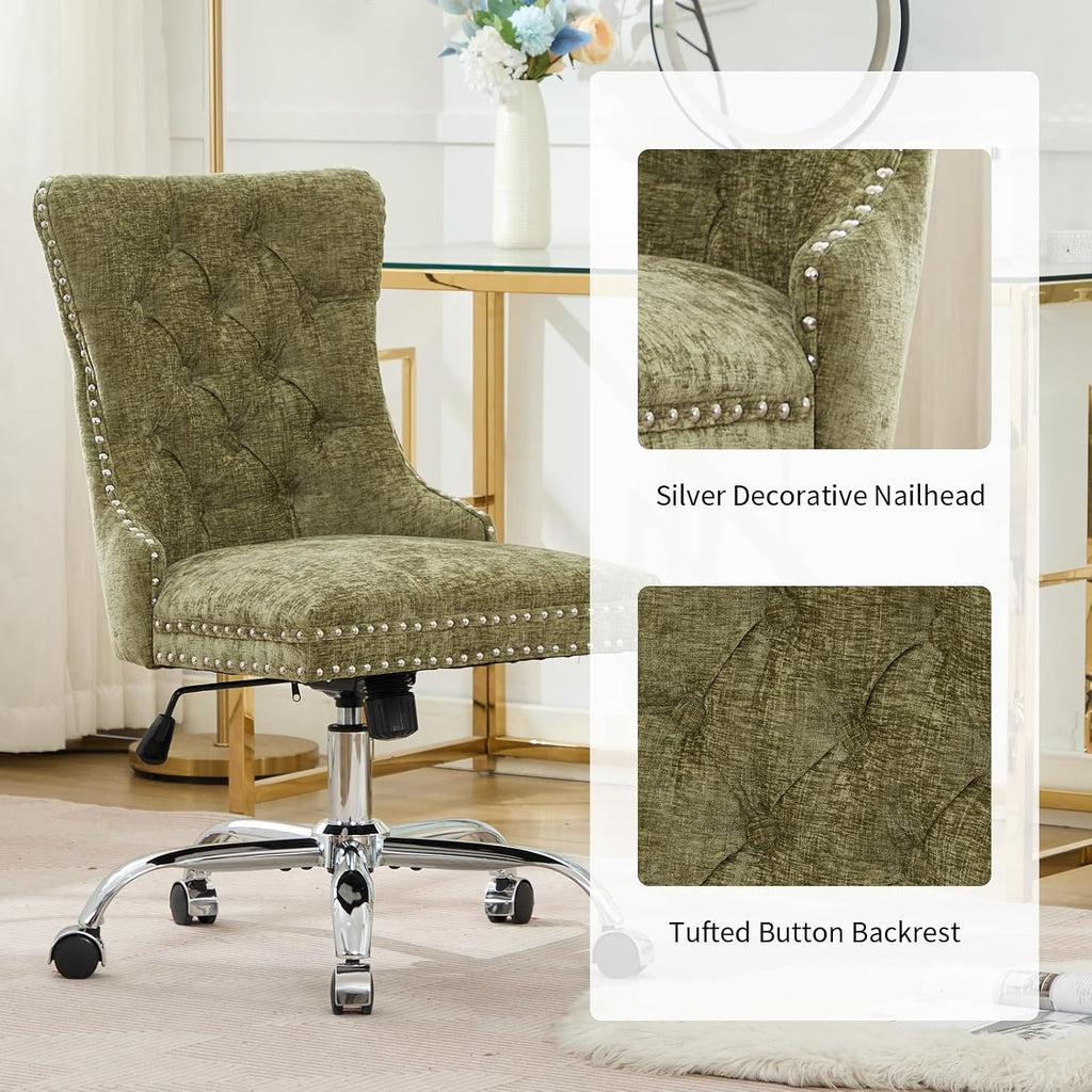 Home Office Chair with Wheels & Silver Base, Cute Chenille Fabric Makeup Vanity Chair with Tufted Back for Bedroom, Upholstered Adjustable Swivel Comfy Desk Chair for Girls Women, Green