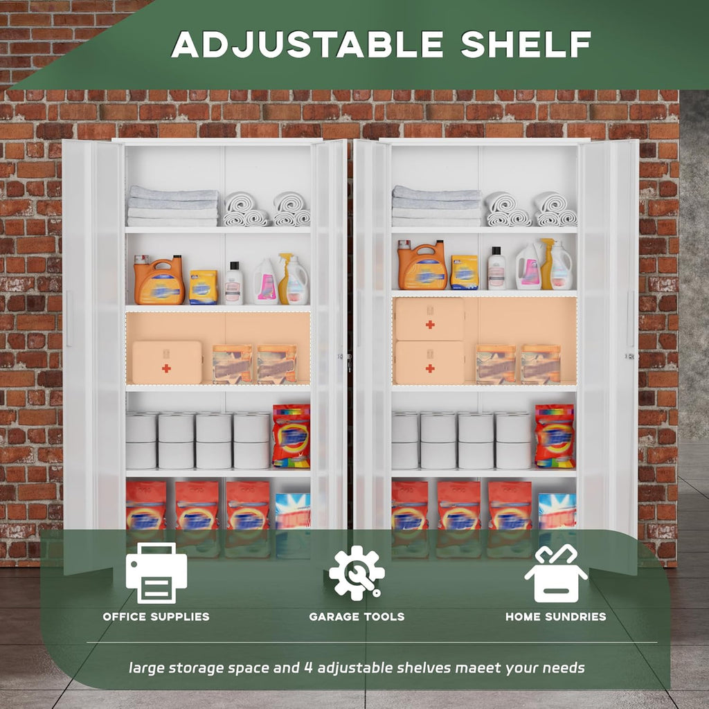 Greenvelly Metal Storage Cabinet, 72' Locking Metal Garage Storage Cabinet with Doors and 4 Adjustable Shelves, White Lockable Steel Cabinet for Home Office, Garage, Shop, School (32' W x 16' D)