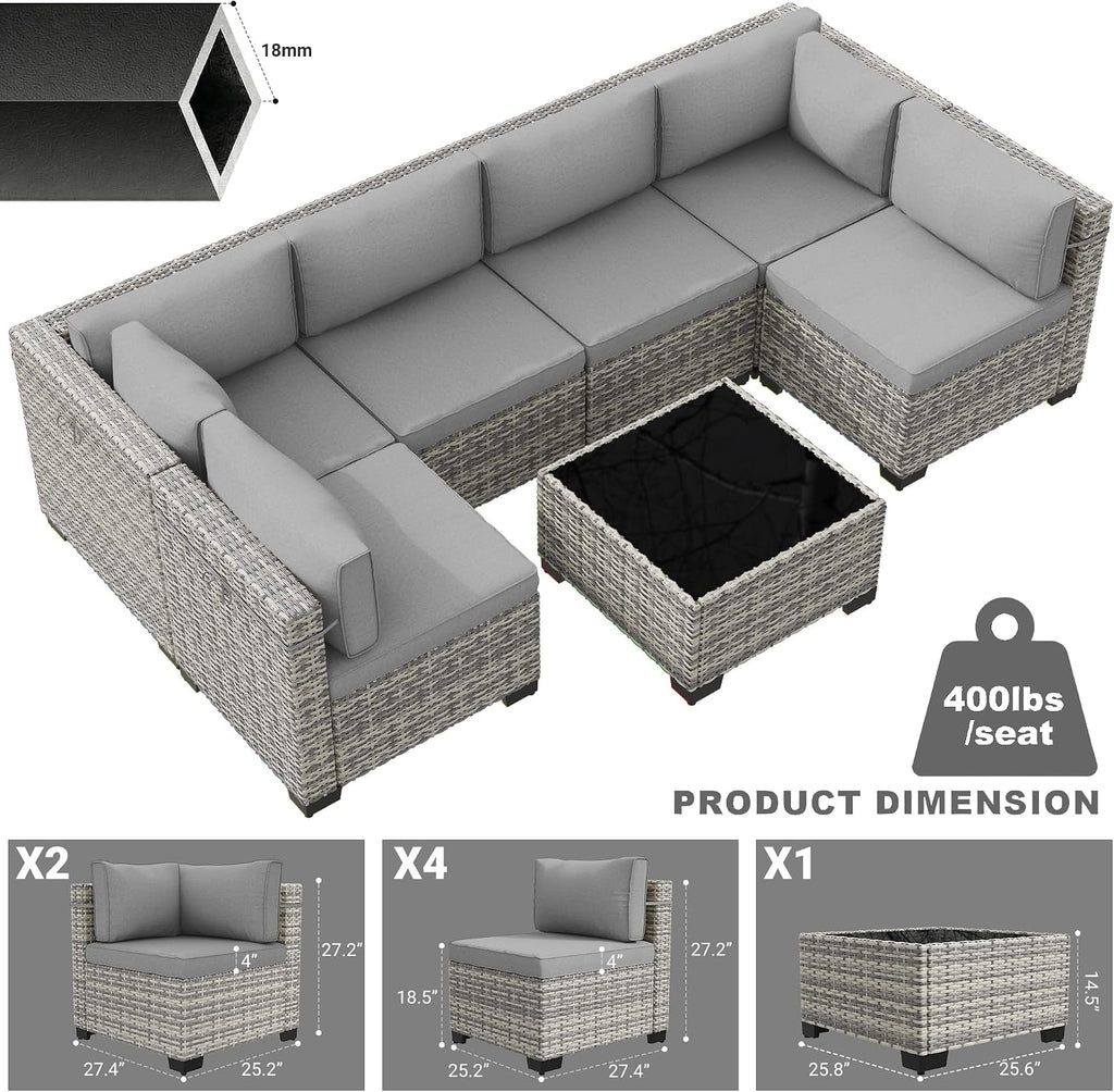 7-Piece Patio Furniture Set, Outdoor Sectional with Thick Cushions, Modular Patio Sofa, Dual-Strand Wicker Rattan, Rust-Resistant Frame, Backyard Furniture for Garden, Deck, Grey