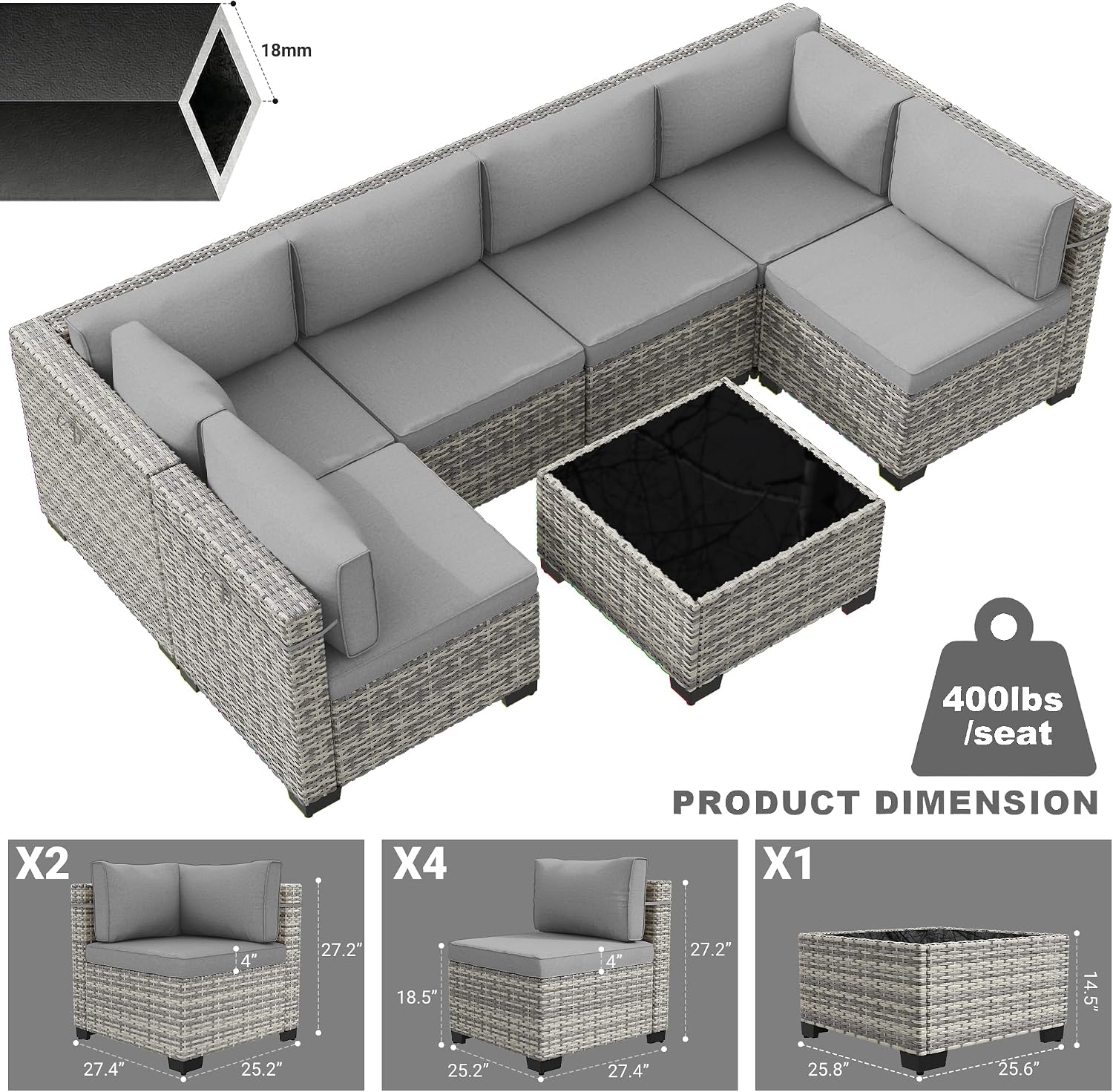 7-Piece Patio Furniture Set, Outdoor Sectional with Thick Cushions, Modular Patio Sofa, Dual-Strand Wicker Rattan, Rust-Resistant Frame, Backyard Furniture for Garden, Deck, Grey