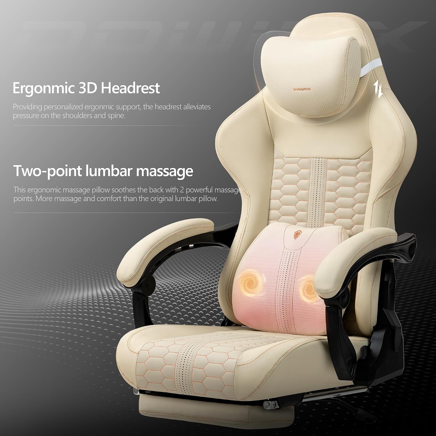 Dowinx Gaming Chair for Adults with Footrest, Reclining Gamer Chair with Massage Lumbar Support, Ergonomic Big and Tall Office Computer Chair 400LBS, High Back PU Leather Gaming Computer Chair,Ivory