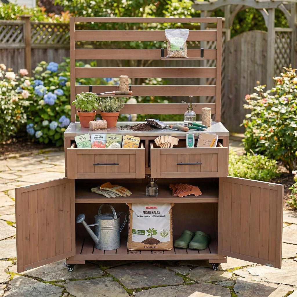 64.9'' H Large Patio Kitchen Island Solid Wood Kitchen Cart, Grill Prep BBQ Table, Garden Potting Bench with Stainless Table Top, 3 Movable Shelves and 2 Drawers (Brown-64.9'')
