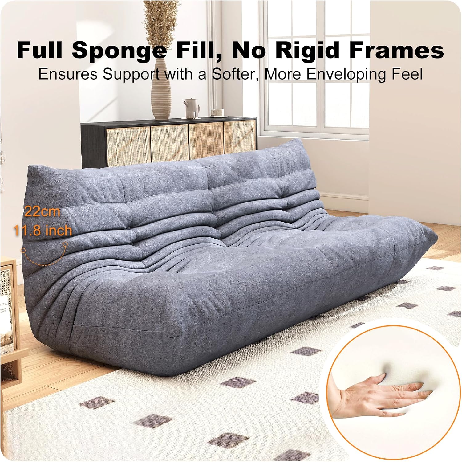 Full Foam Three Seater Sofa – Bean Bag Chairs Floor Couch for Adults, Waterproof Upholstery, Armless Fireside Lounge Chair for Living Room, Apartment, or Office (Grey)