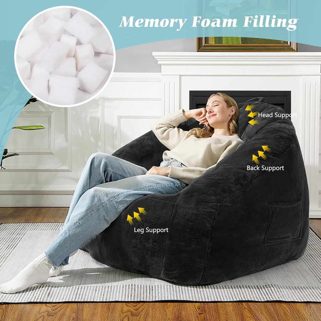 Giant Bean Bag Chair for Adults and Kids, Oversized BeanBag Couch Filler with Memory Foam, Faux Fur Shell-Shaped Boneless Chair for Reading, Stuffed Big Accent Sofa Living Room, Black