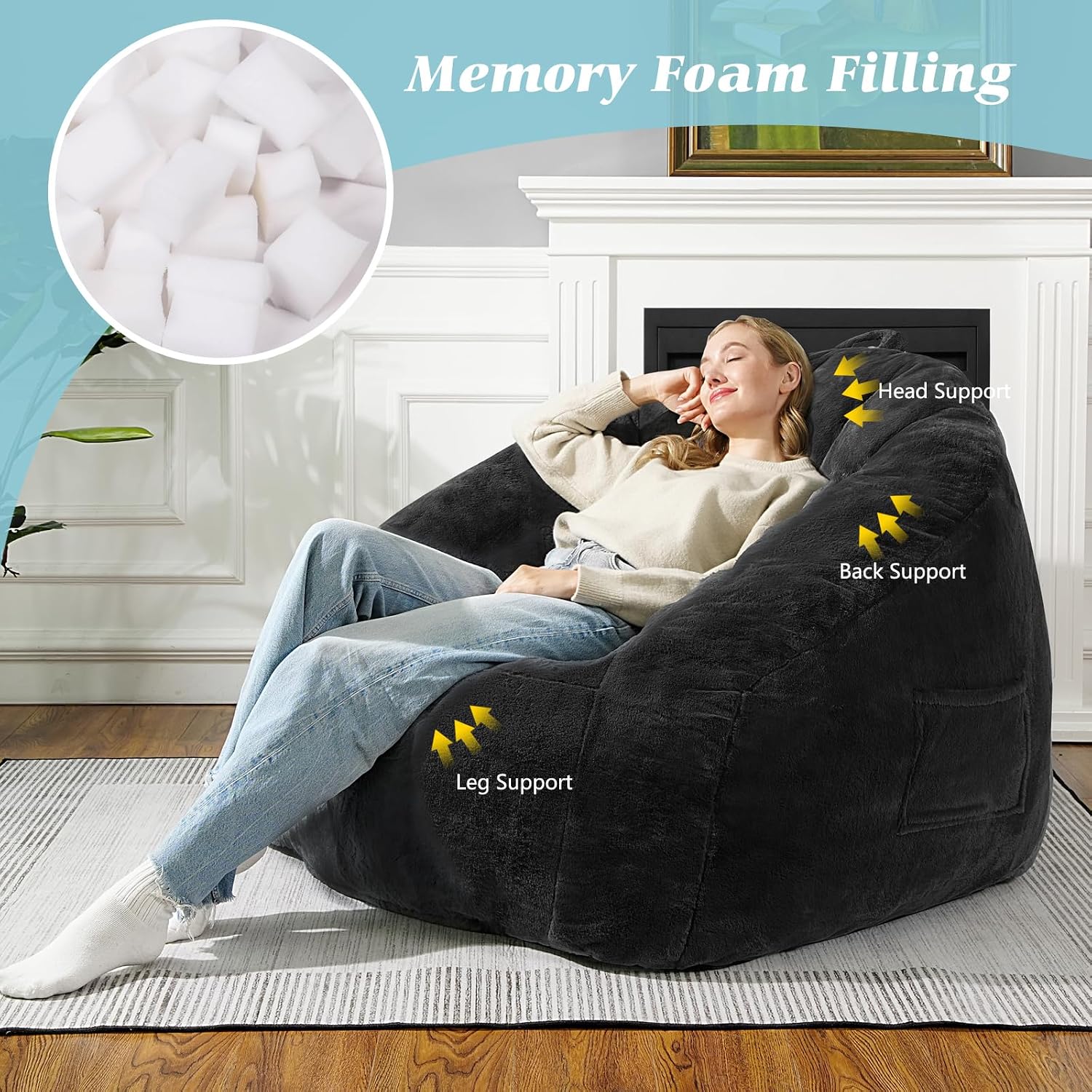 Giant Bean Bag Chair for Adults and Kids, Oversized BeanBag Couch Filler with Memory Foam, Faux Fur Shell-Shaped Boneless Chair for Reading, Stuffed Big Accent Sofa Living Room, Black