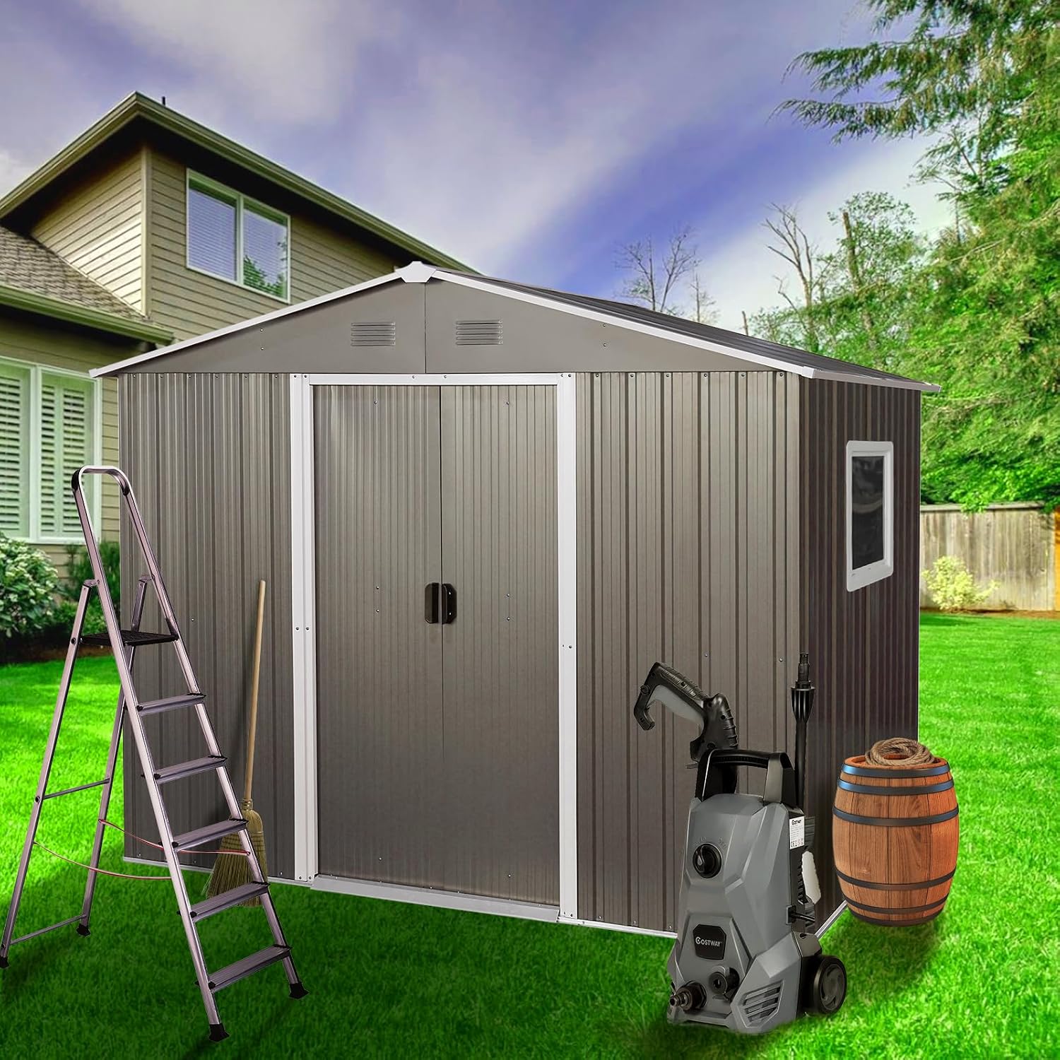 KEIKI 8x6 FT Outdoor Metal Storage Shed with Peaked Roof,Vents,Window and Metal Foundation for Garden Yard Lawn